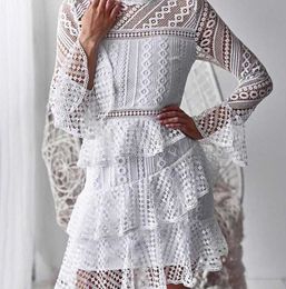 2022 new design fashion hollow out ruffles flare sleeves Lace mesh dress women