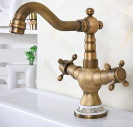 Kitchen Faucets Double Handle Retro Antique Brass Basin Faucet Swivel Spout Bathroom Sink And Cold Water Mixer Tap Dnf604