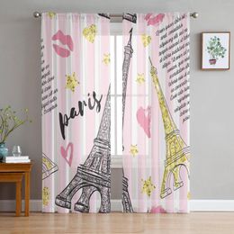 Curtain Pink Stripes Eiffel Tower Lips Tulle Curtains For Living Room Bedroom Decoration Chiffon Sheer Voile Kitchen Window