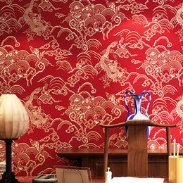 Wallpapers Chinese Style Red Wallpaper Dragon Pattern Classical Zen Teahouse Restaurant Decoration Home Decor Papier Peint