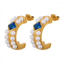 Stud Earrings 316L Stainless Steel High Quality Blue Zircon Pearl C-shaped For Women Girl Waterproof Jewelry Gift