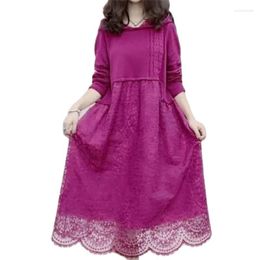 Casual Dresses Ethnic Retro Sweater Skirt Women's Autumn And Winter 2023 Western Style Loose Hooded Lace Stitching Knit Dress M767