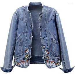 Women's Jackets Butterfly Embroidery Denim Jacket Women Autumn Big Size Slim Short Jeans Stand Collar Chinese Style Coat Chaquetas MujerWome