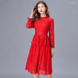 Casual Dresses Spring Autumn Woman Fashion Stand Collar Slim Long Sleeve Red Lace Dress High Waisted 4xl 5xl Ruffles For Women