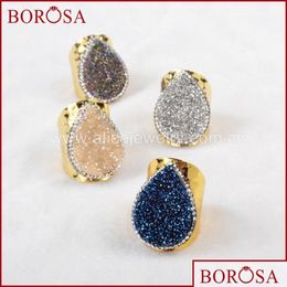 Cluster Rings Borosa Teardrop Natural Crystal Druzy Titanium Rainbow Colour Band Ring Rhinestone Pave Zircon Edge Jab374 Drop Deliver Dhih3