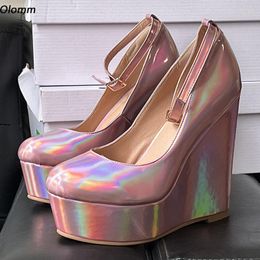 Dress Shoes Olomm Handmade Women Platform Glossy Pumps Ankle Strap Wedges Heels Round Toe Gorgeous Night Club Plus US Size 5-20