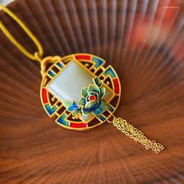 Chains Chinese Vintage Handmade Enamel Ancient Gold Kan Jade Necklace For Women Tassel Pendant Jewelry