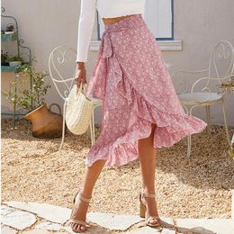 Capris Ladies Vintage Floral Print Long Summer Skirt Women High Waist Knotted Tied Wrap Ruffle Chiffon A Line Split Woman Skirts Female