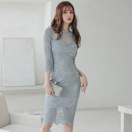 Dresses Fashion Korean Style Women Vintage Stand Neck Lace Embroidery Midi Dress Elegant Office Sexy Street Clothes Skinny Female Dress