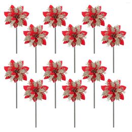 Decorative Flowers 12pcs Multifunctional With Stem Wedding Party Artificial Poinsettia Christmas Tree Faux Glitter Flower Centrepieces Home