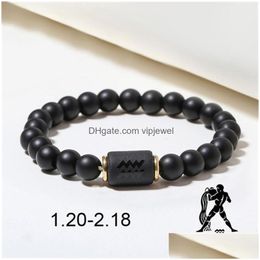 Beaded Strand Fashion Zodiac Bracelets For Women Men Matte Black Agate Beads Wristbands Couple Gifts Jewellery Drop Delivery Dhohd