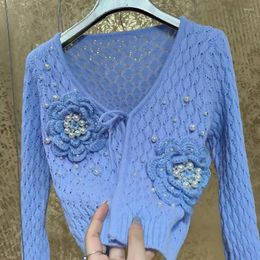 Women's Knits HeavyIndustry Beautiful Thickened Hollow Cardigan Women Handmade Pearl Beading Sunscreen Outwear