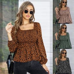 Women's Blouses & Shirts Elegant Sexy Leopard Printing Chiffon Shirt Autumn Winter 2023 Square Collar Long Lantern Sleeve Women Pullovers Bl