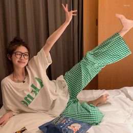 Women's Pants Green Plaid Women Y2k Streetwear Korean Fashion Vintage Wide Leg Trousers Loose Casual Pyjamas 2 Pcs