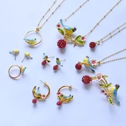 Necklace Earrings Set Enamel Glaze Bird For Women 2023 Copper Animal Fruit Pendant Jewellery Accessories Good Gift