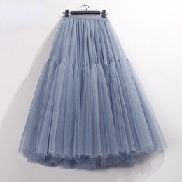 Capris Ruffles Tutu Pleated Skirt Women High Waist Big Swing Vintage Tulle Skirt Korean Black Green Mesh Long Skirt Clothing Streetwear