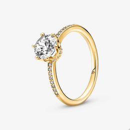 Golden Sparkling Crown Solitaire Ring for Pandora Crystal Diamond Wedding Party Rings designer Jewellery For Women Girls Sisters Gift Gold ring with Original Box