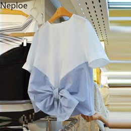 T-Shirt Neploe Striped Patchwork T Shirts Women Spring 2023 Korean Fashion Bow O Neck Short Sleeve Ladies Tees Casual Female Tops 1A596