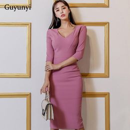 Dresses High Waist Slim Pencil Office Lady Dress 2022 Spring Simple Small Sexy VNeck Pink FivePoint Sleeve Elegant Women's Party Dress