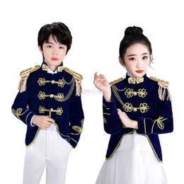 Suits Children's Velveteen Blue Navy Style Boys Girls Stage Performance Costumes Kids Catwalk Drum Band Flag Raising Army Clothing Set 230526