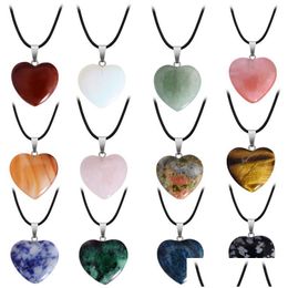 Pendant Necklaces Natural Crystal Stone Necklace Hand Carved Creative Heart Shaped Gemstone Fashion Accessory Gift With Chain 25Mm D Dh7Xa