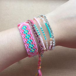 Tennis Bracelets 4pcs Bracelet Set Handmade Pink String Weave Friendship Crystal Bohemian Rise Beads Multi Layers Jewellery