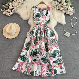 Light mature style retro temperament tank top long skirt gentle style round neck waistband slimming mid length printed A-line dress