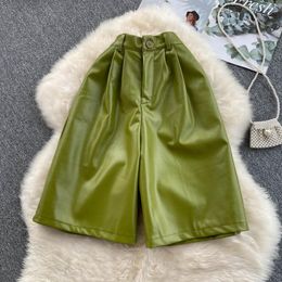 Shorts Clothland Women Fashion PU Leather Shorts Elastic Waist Side Pockets Knee Length Shorts Mujer SA53