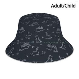 Berets Navy Blue Dinosaur Illustration Bucket Hat Sun Cap Foldable Outdoor Fisherman