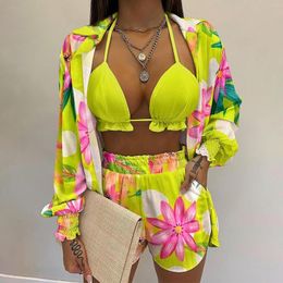Women's Tracksuits 3 Piece Sets Women Shirt Shorts Beach Woman Print Lantern Sleeve Cropped Navel Top Suit Womens Summer Clothes