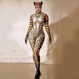 Stage Wear Nightclub Bar Dance Costume Halloween Cosplay Tiger Print Long Jumpsuit Performance Female Party