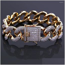 Chain Link Bracelets 18Mm Width Twisted Mens Cuban Bracelet Iced Out Bling Cubic Zirconia Hip Hopgold Sier Color Drop Delivery Jewelr Dhxpj