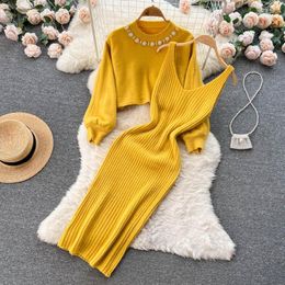 Casual Dresses Women Sleeveless Dress Knitted Two Piece Set Fashion Beaded Pearl Long Sleeve Croppde Sweater Shawl Camis Sets