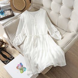 2023 Summer White Solid Colour Embroidery Silk Dress 3/4 Sleeve Round Neck Buttons Knee-Length Casual Dresses N3W171134