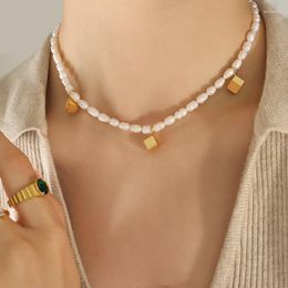 Chains Autumn And Winter Stylish Three-Dimensional Small Square Pendant Freshwater Pearl Necklace Niche Design Fashion