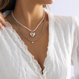 Chains Trend Exaggerated Big Alloy Heart Pendant Clavicle Necklaces Women Girl Cool Jewellery Vintage Pearl Chain Double Layer Collars