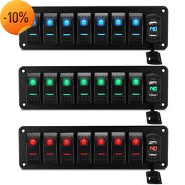 New LED IP67 Waterproof Marine Boat Rocker Switch Panel 8 Gang Rocker Switch Panel Kit 12V/24V Circuit Breaker Dual USB Slots Light