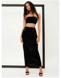 New Arrival Women Sequin Outfit Strapless Crop Top Solid Color Midi Skirt Two Piece Set Vestidos