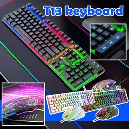 Combos Spanish Gamer Keyboard T13 Rainbow Backlight Usb Ergonomic Gaming Keyboard And Mouse Set For Pc Laptop Mechanical Keyboard Mouse