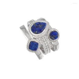 Cluster Rings Genuine 925 Sterling Silver Open For Women Girls Luxury Geometric Water Drop Natural Lapis Lazuli Fine Jewelry YMR122