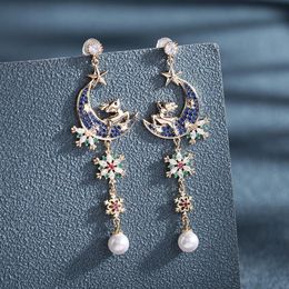 Dangle Earrings & Chandelier High Quality Gorgeous Blue Zirconia Moon With Deer Shiny Snowflower Drop Earring For Women Pearl Ear Jewellery