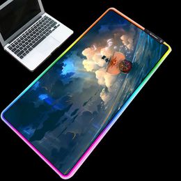 Rests Glowing Mouse Pad Hot Anime One Piece Ship and The Sea HD Printed RGB Desk Pad for Gamer Gaming Durable Waterproof Nonslip Mats