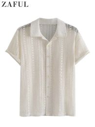 Baumwolle Sheer Openwork Shirts für Männer Sexy Spitze Kurzen Ärmeln Transparent Hemd Sommer Solide Streetwear Tops