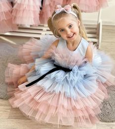 Girl Dresses Customised Flower Dress O Neck Satin Puffy Tulle Little Princess Birthday Party Gown Pageant Size 1-12Y