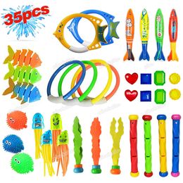 Sand Play Water Fun 35pcs / pack Summer Diving Toys Diving Fish Ring Torpedos Underwater Water Games Training Swimming Pool Gifts Set Toys For kids 230526