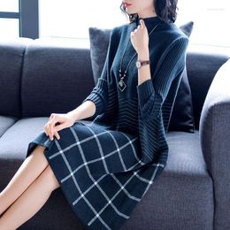 Casual Dresses High Quality Plaid Knitted Dress Middle Aged Women Mid-length Pullover Sweater Autumn Winter Femininne Vestidos Mujer 2422