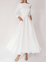 Backless Midi Dress Lantern Sleeve O-Neck Autumn Folds A-Line Fashion Party Night Club Long Dresses For Women