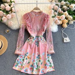 Casual Dresses JSXDHK 2023 Fashion Runway Autumn Mini Dress Women O Neck Lace Patchwork Mesh Floral Print Ruffles Vintage Pink Sequined