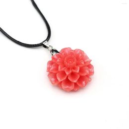 Pendant Necklaces Synthetic Red Coral Necklace Flower Shape With Leather Rope Chain For Women Luxury Quality Jewellery 32mm