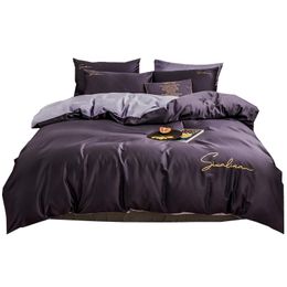 Bedding Sets 2023 Four-piece Simple Cotton Double Household Bed Sheet Quilt Cover Embroidered Piping Comfortable Dark Purple
